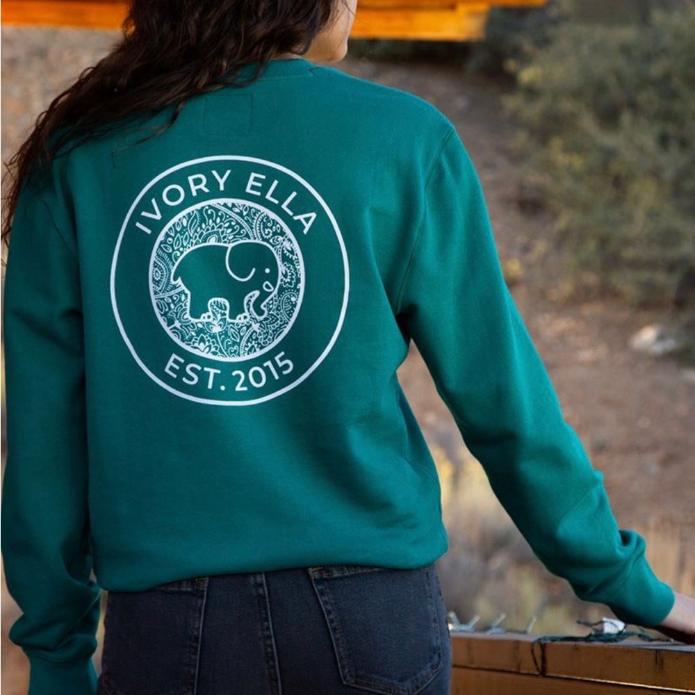 Ivory Ella Teal Women's Crew Neck 100% Organic Cotton Elephant Sweatshirt ~ XS